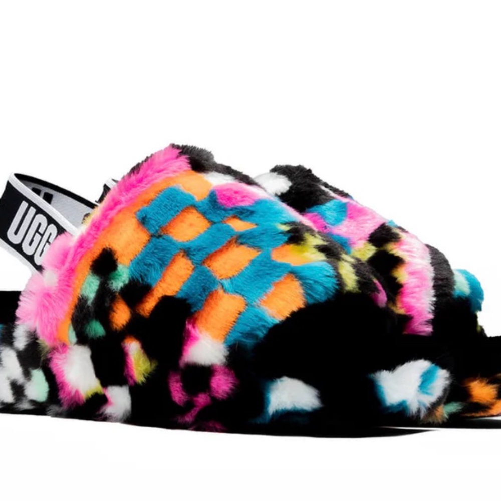 UGG Fluff Slides Multicolor Checkered Sandals Size __ SOLD OUT